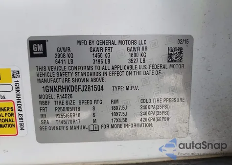 2015 Chevrolet Traverse Lt from USA, damaged, VIN 1GNKRHKD6FJ281504